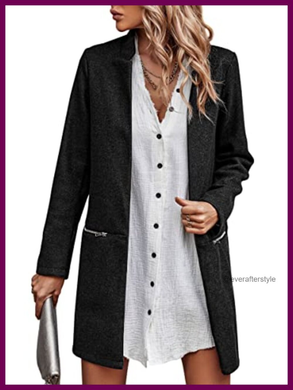 Women's Long Sleeve Open Front Cardigan Mid-Long Overcoat with Zipper Pockets